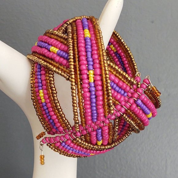 Purple, pink, yellow and metallic seed bead cuff - Picture 5 of 11